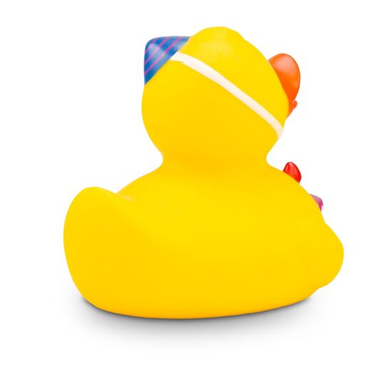 gelbe Werbeente Tobi Tortenquak mit Torte und Partyhut , Größe: ca. 8 cm. Inklusive Quietschventil