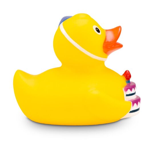 gelbe Werbeente Tobi Tortenquak mit Torte und Partyhut , Größe: ca. 8 cm. Inklusive Quietschventil
