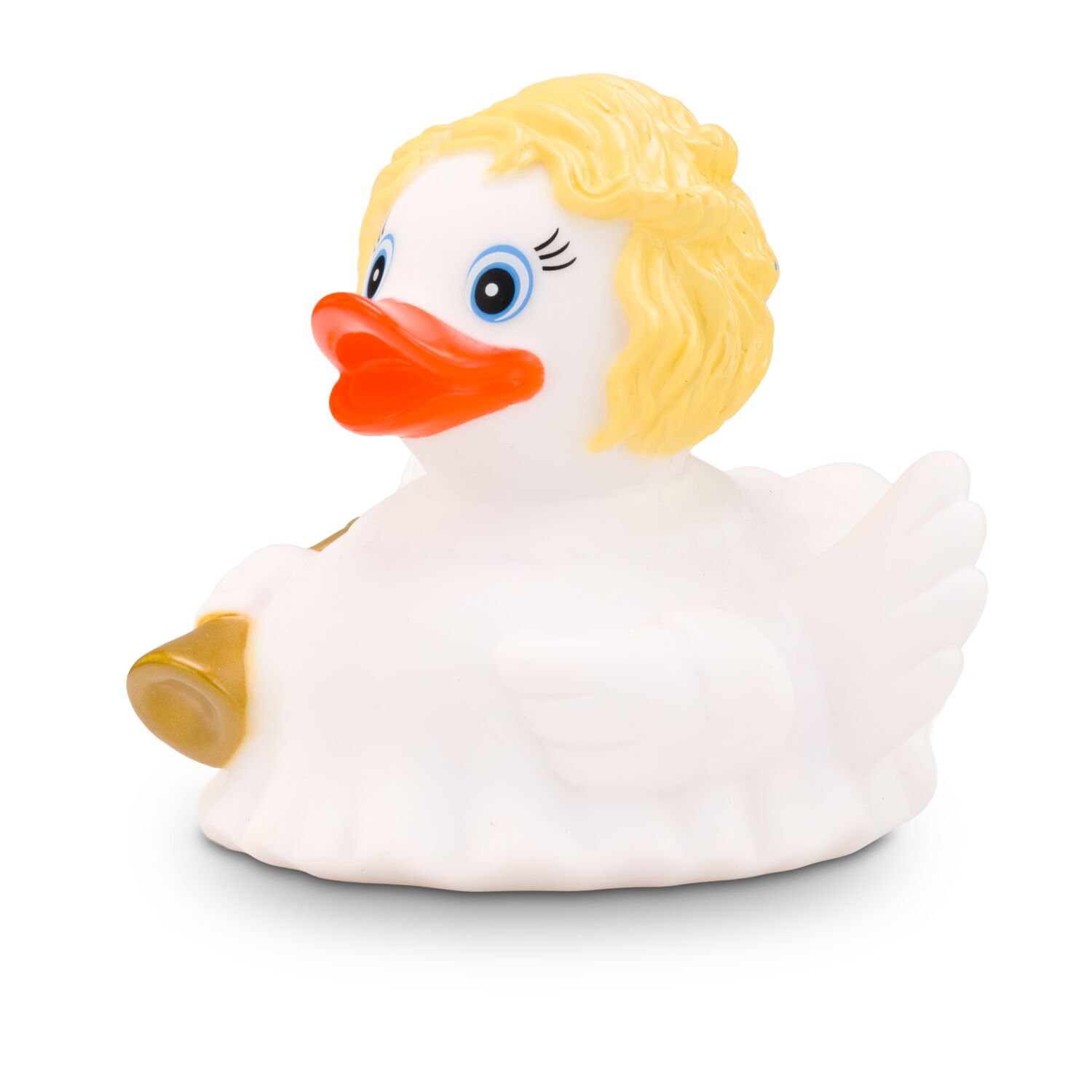 weiße Badeente Helena Goldlöckchen mit rosa Schnabel und Glöckchen, Größe: ca. 8 cm. Inklusive Quietschventil