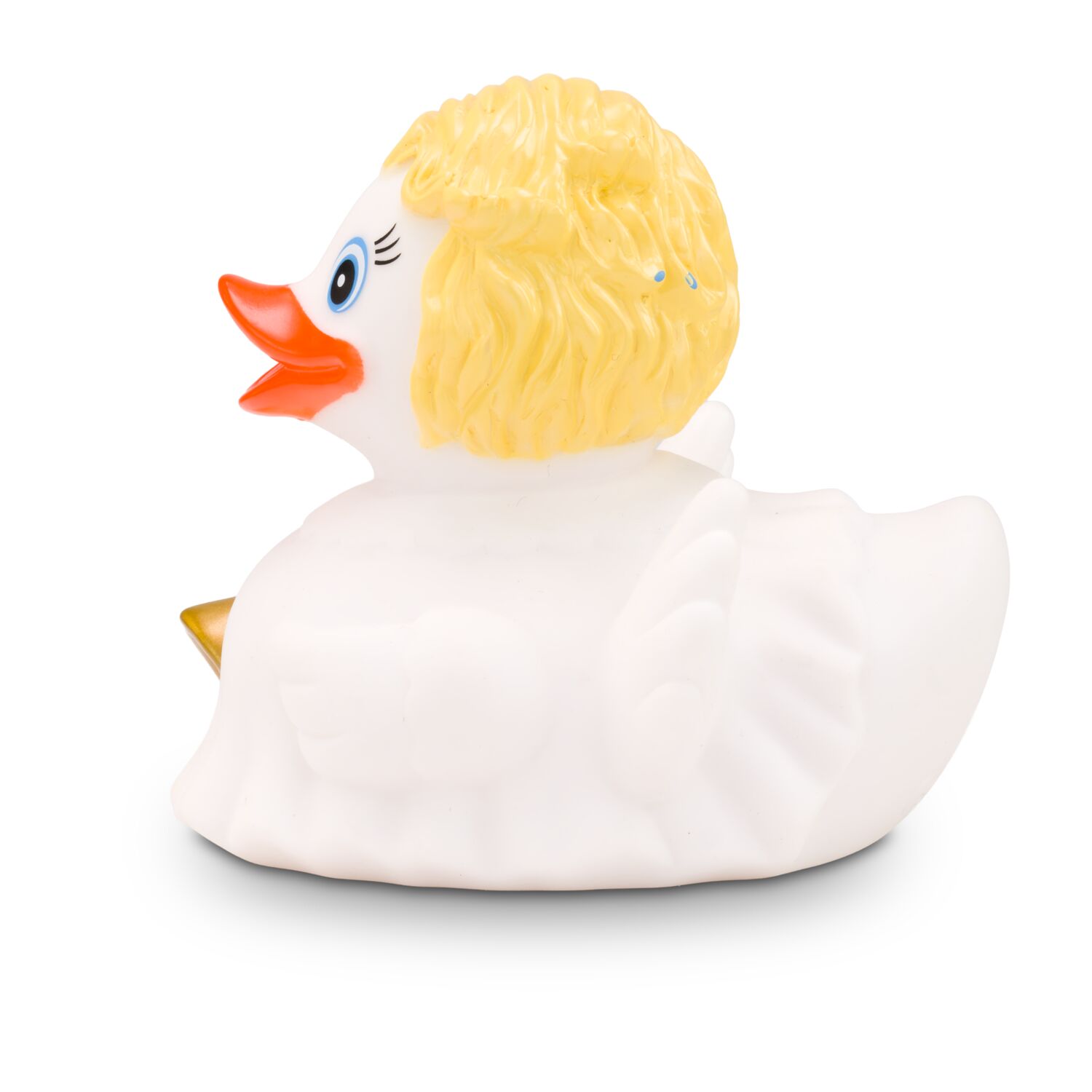 weiße Badeente Helena Goldlöckchen mit rosa Schnabel und Glöckchen, Größe: ca. 8 cm. Inklusive Quietschventil