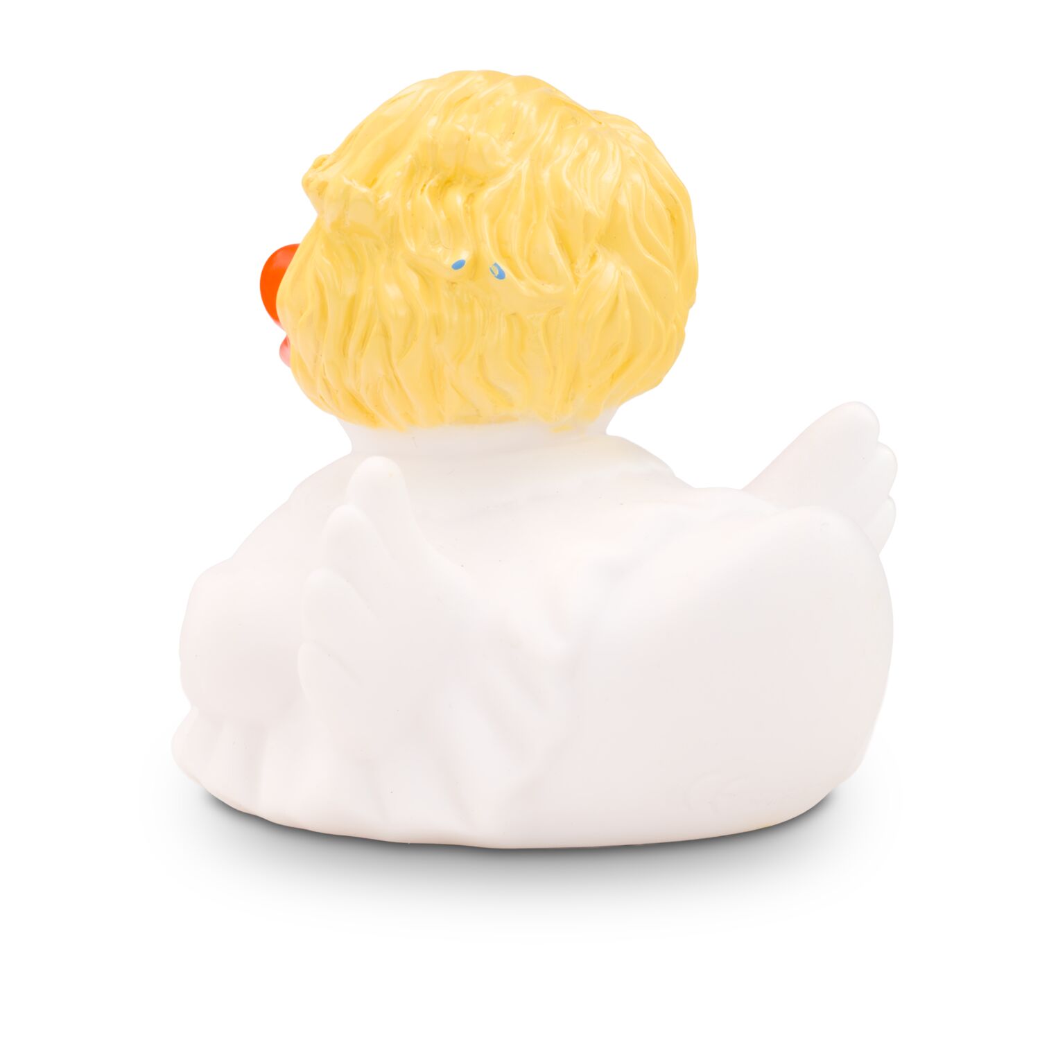 weiße Badeente Helena Goldlöckchen mit rosa Schnabel und Glöckchen, Größe: ca. 8 cm. Inklusive Quietschventil