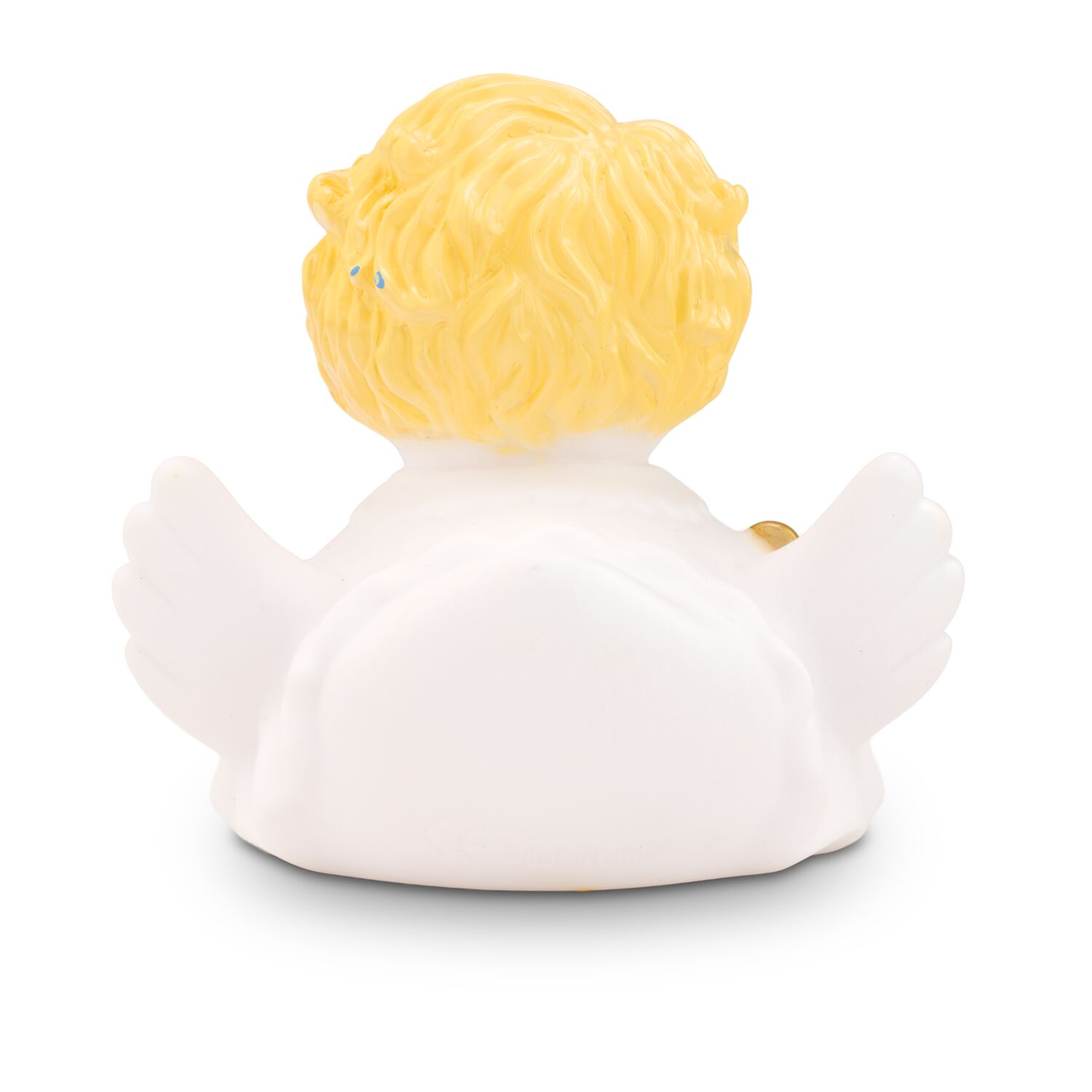 weiße Badeente Helena Goldlöckchen mit rosa Schnabel und Glöckchen, Größe: ca. 8 cm. Inklusive Quietschventil