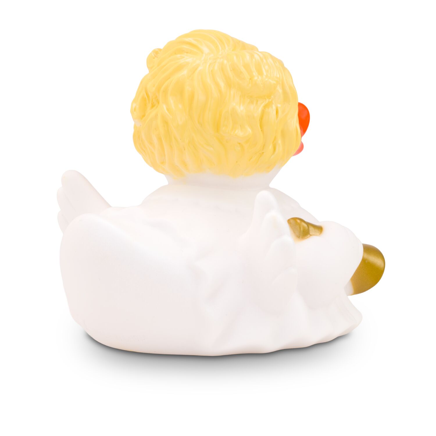 weiße Badeente Helena Goldlöckchen mit rosa Schnabel und Glöckchen, Größe: ca. 8 cm. Inklusive Quietschventil