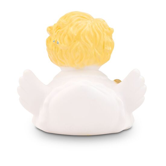 weiße Badeente Helena Goldlöckchen mit rosa Schnabel und Glöckchen, Größe: ca. 8 cm. Inklusive Quietschventil