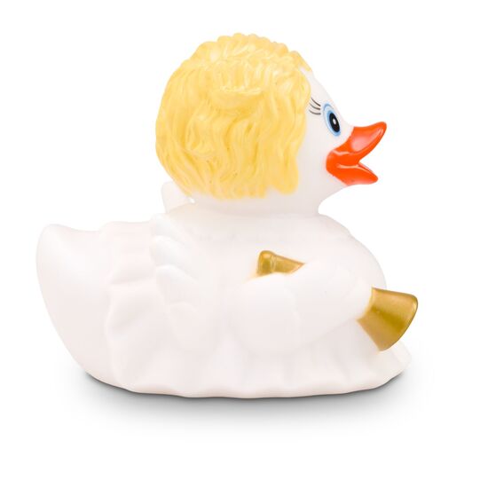 weiße Badeente Helena Goldlöckchen mit rosa Schnabel und Glöckchen, Größe: ca. 8 cm. Inklusive Quietschventil