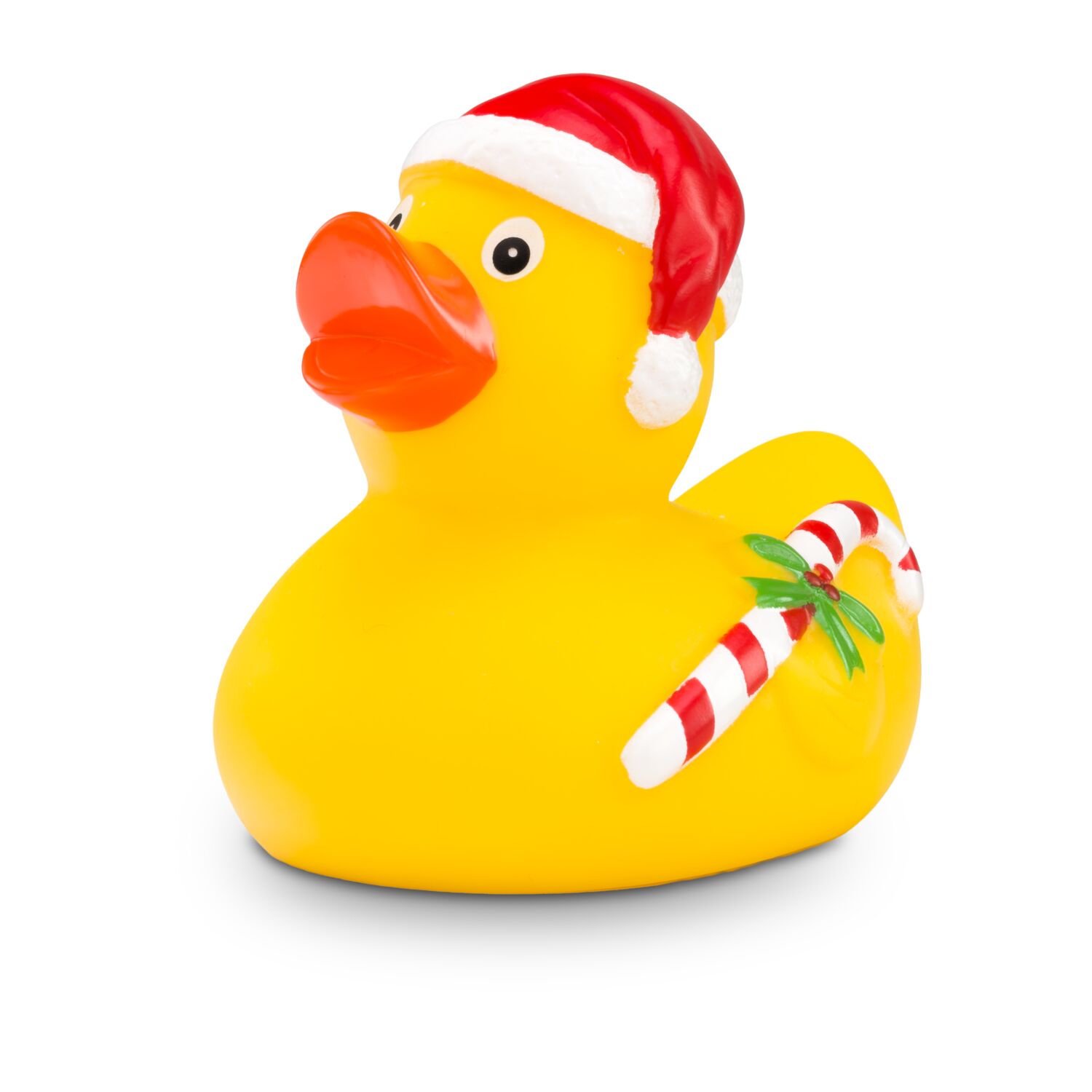 gelbe Badeente Candy Cane mit Mütze und Zuckerstange, Größe: ca. 8 cm, inklusive Quietschventil