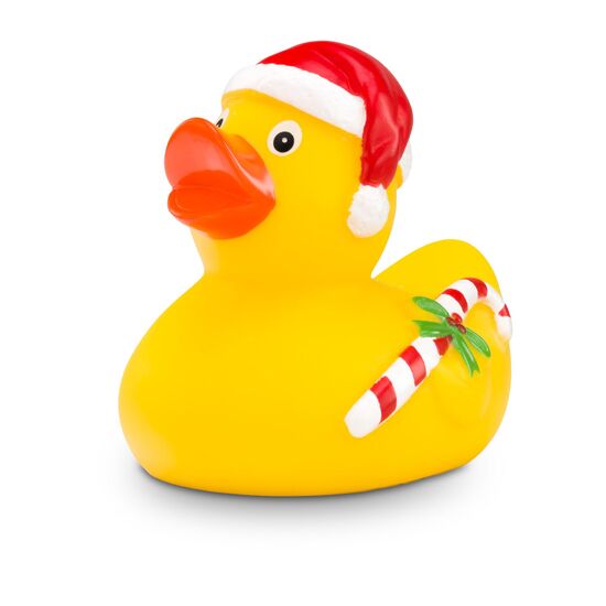 gelbe Badeente Candy Cane mit Mütze und Zuckerstange, Größe: ca. 8 cm, inklusive Quietschventil