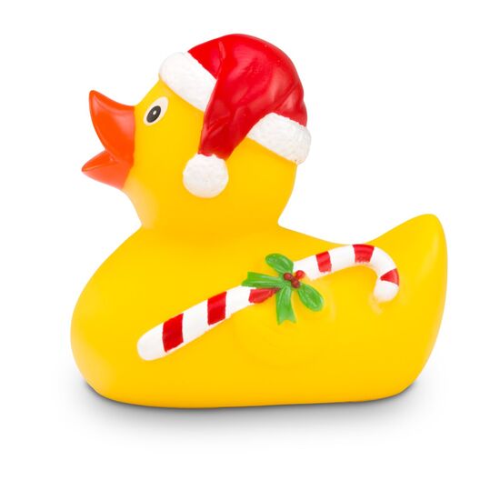 gelbe Badeente Candy Cane mit Mütze und Zuckerstange, Größe: ca. 8 cm, inklusive Quietschventil