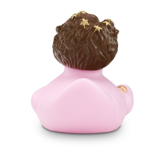 rosa Werbeente Elisabeth Engel mit goldenem Schnabel, braunen Locken und goldener Glocke, Größe: ca. 8 cm. Inklusive Quietschventil