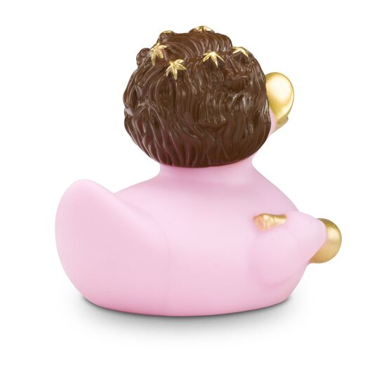 rosa Werbeente Elisabeth Engel mit goldenem Schnabel, braunen Locken und goldener Glocke, Größe: ca. 8 cm. Inklusive Quietschventil