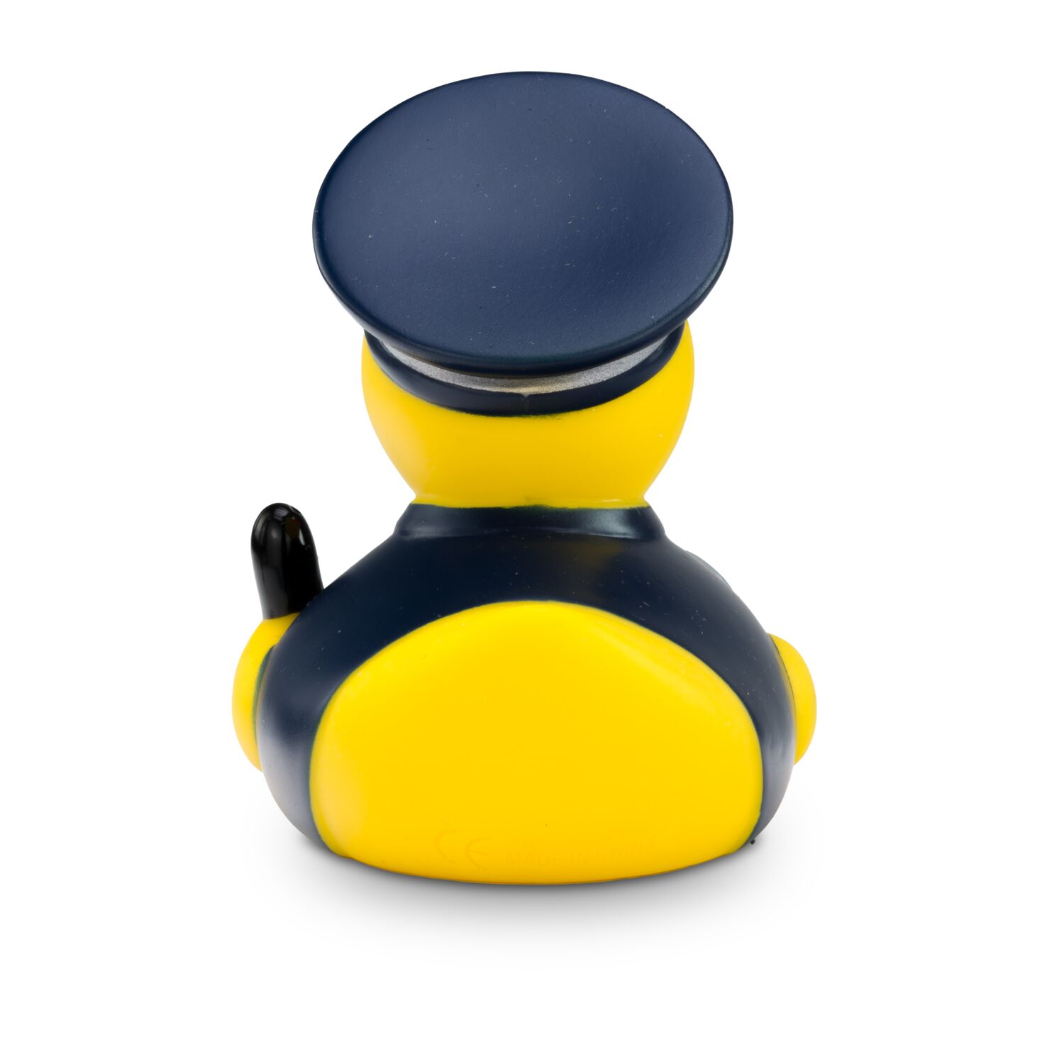 gelbe Werbeente Walter Wachtmeister mit Polizeiuniform, Schirmmütze, Handschellen und Knüppel, Größe: ca. 8 cm. inklusive Quietschventil