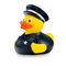 gelbe Werbeente Walter Wachtmeister mit Polizeiuniform, Schirmmütze, Handschellen und Knüppel, Größe: ca. 8 cm. inklusive Quietschventil