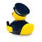 gelbe Werbeente Walter Wachtmeister mit Polizeiuniform, Schirmmütze, Handschellen und Knüppel, Größe: ca. 8 cm. inklusive Quietschventil