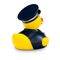 gelbe Werbeente Walter Wachtmeister mit Polizeiuniform, Schirmmütze, Handschellen und Knüppel, Größe: ca. 8 cm. inklusive Quietschventil