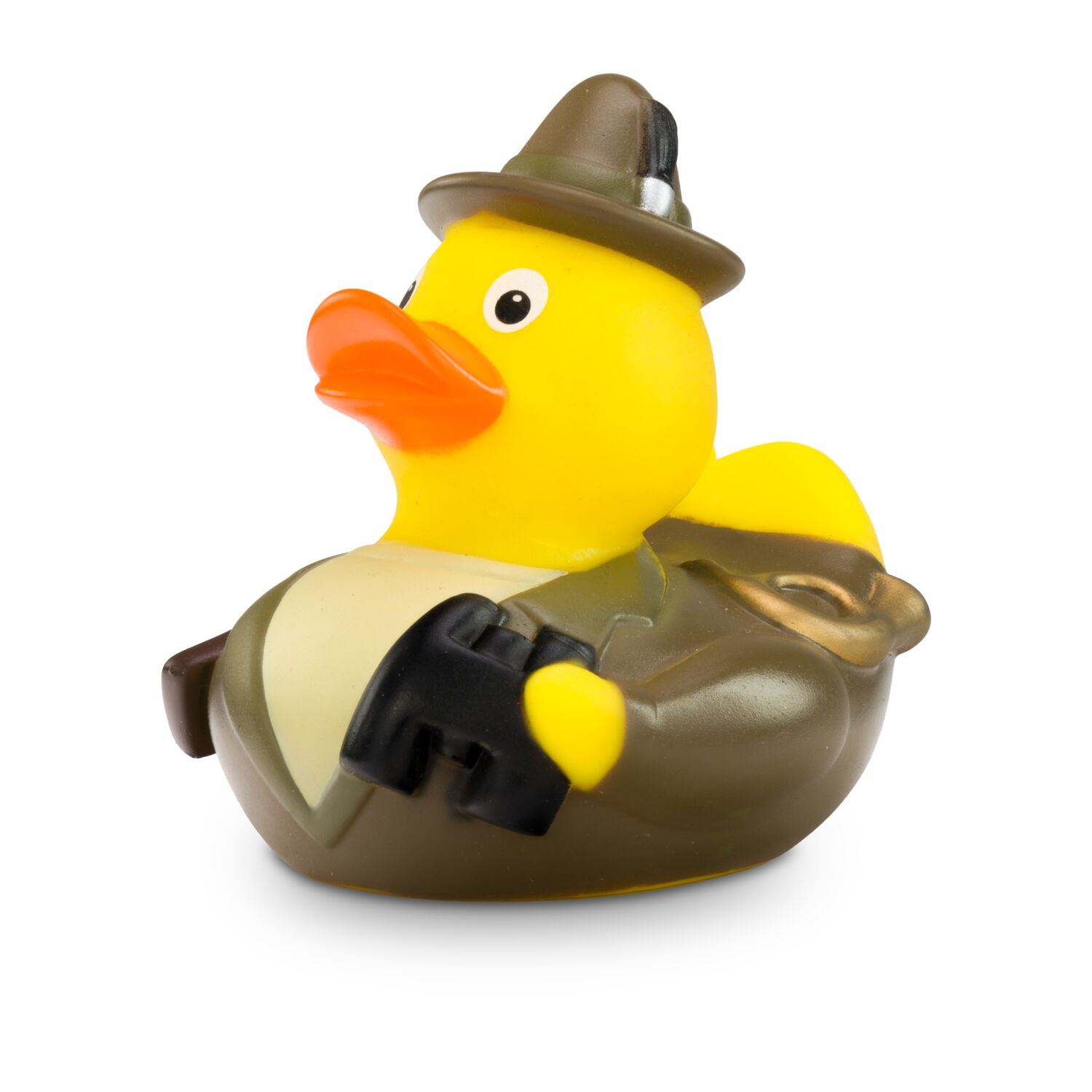 gelbe Werbeente Freddy Förster in Tracht und Hut mit Fernglas, Gewehr und Horn, Größe: ca. 8 cm. Inklusive Quietschventil