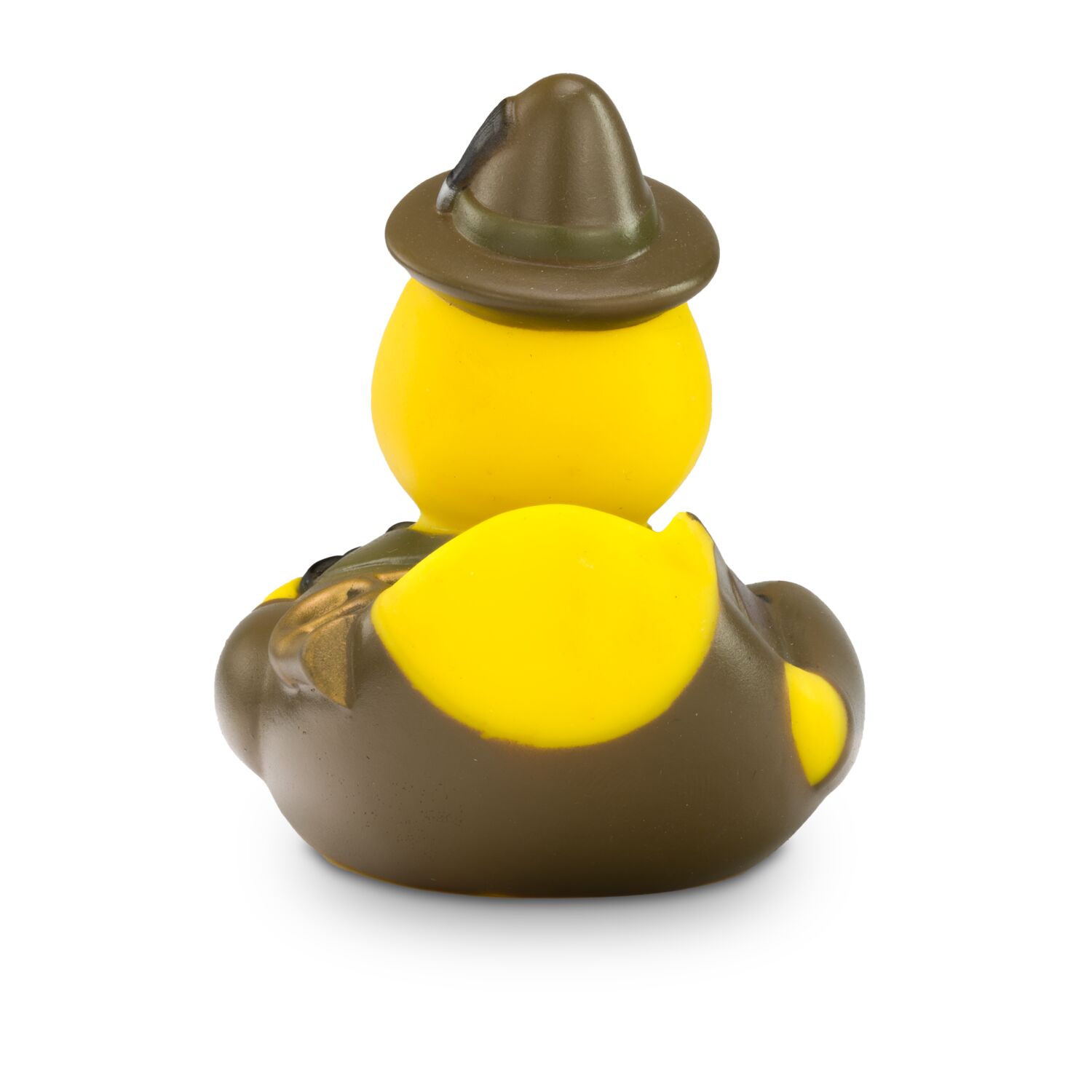 gelbe Werbeente Freddy Förster in Tracht und Hut mit Fernglas, Gewehr und Horn, Größe: ca. 8 cm. Inklusive Quietschventil