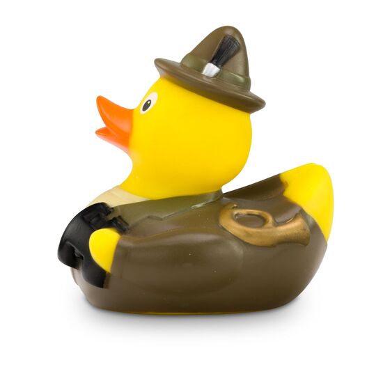 gelbe Werbeente Freddy Förster in Tracht und Hut mit Fernglas, Gewehr und Horn, Größe: ca. 8 cm. Inklusive Quietschventil