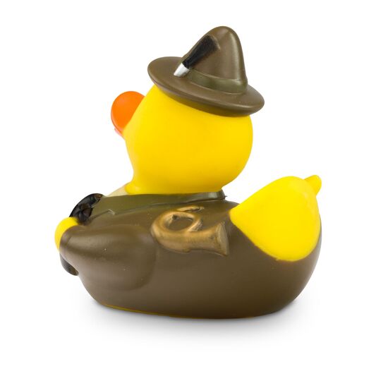 gelbe Werbeente Freddy Förster in Tracht und Hut mit Fernglas, Gewehr und Horn, Größe: ca. 8 cm. Inklusive Quietschventil
