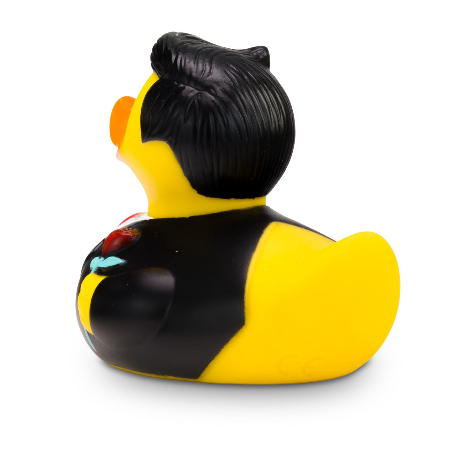gelbe Werbeente Bernd Bräutigam mit weißem Hemd, schwarzem Anzug mit Fliege undRose, Größe: ca. 8 cm. Inklusive Quietschventil