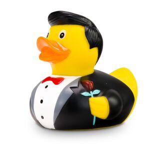 gelbe Werbeente Bernd Bräutigam mit weißem Hemd, schwarzem Anzug mit Fliege undRose, Größe: ca. 8 cm. Inklusive Quietschventil