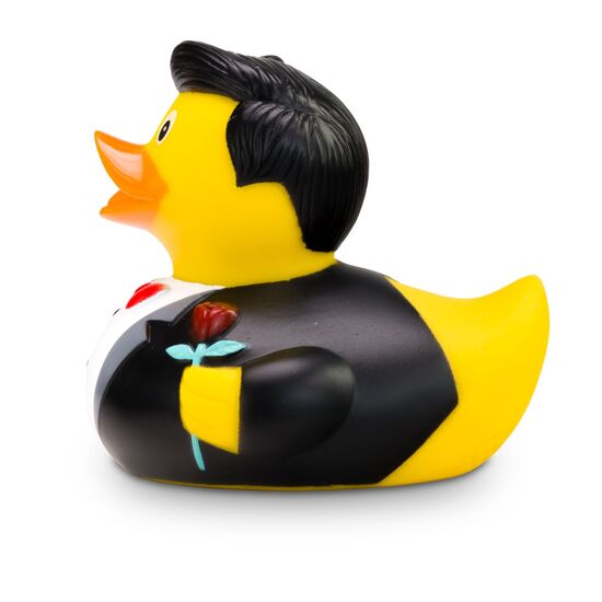 gelbe Werbeente Bernd Bräutigam mit weißem Hemd, schwarzem Anzug mit Fliege undRose, Größe: ca. 8 cm. Inklusive Quietschventil
