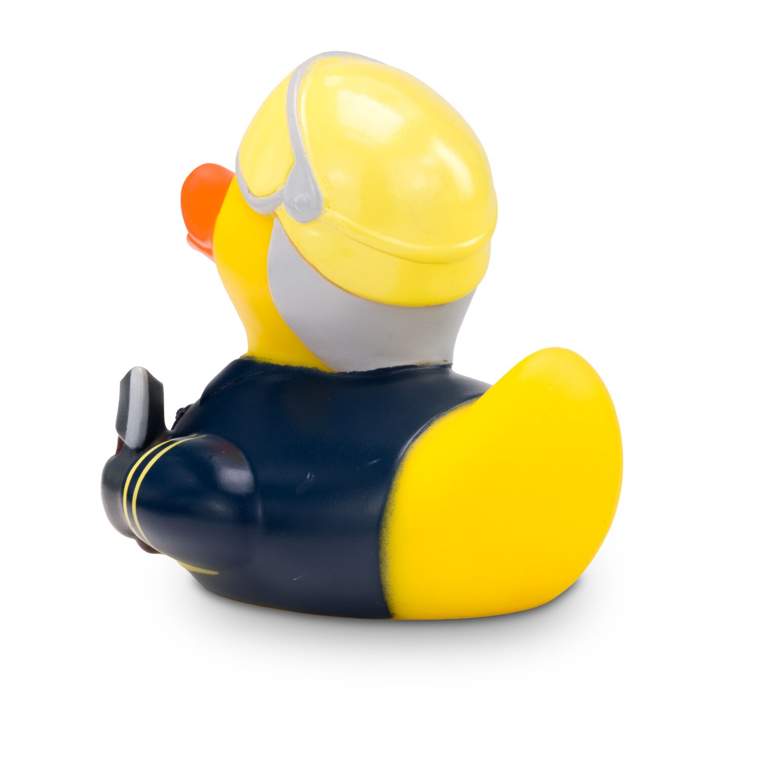 gelbe Werbeente Lars Löschmeister mit Uniform, Helm mit 112 Aufdruck auf dem Visier, Axt und Wasserspritze, Größe: ca. 8 cm. Inklusive Quietschventil