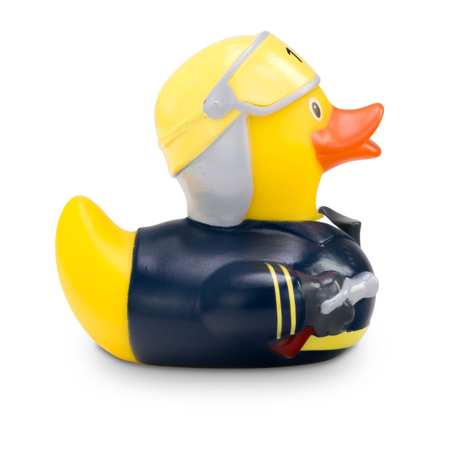 gelbe Werbeente Lars Löschmeister mit Uniform, Helm mit 112 Aufdruck auf dem Visier, Axt und Wasserspritze, Größe: ca. 8 cm. Inklusive Quietschventil