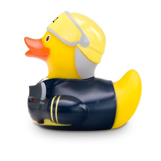 gelbe Werbeente Lars Löschmeister mit Uniform, Helm mit 112 Aufdruck auf dem Visier, Axt und Wasserspritze, Größe: ca. 8 cm. Inklusive Quietschventil