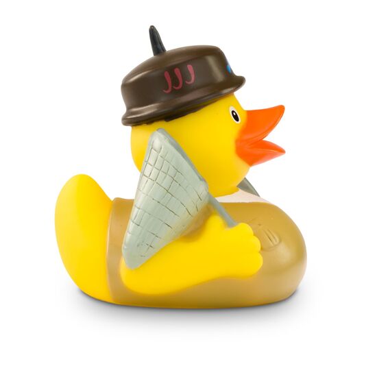 gelbe Werbeente Petri HeilmitAnglerhut, Outdoor-Hemd, Angel mit Fisch und Käscher, Größe: ca. 8 cm. Inklusive Quietschventil