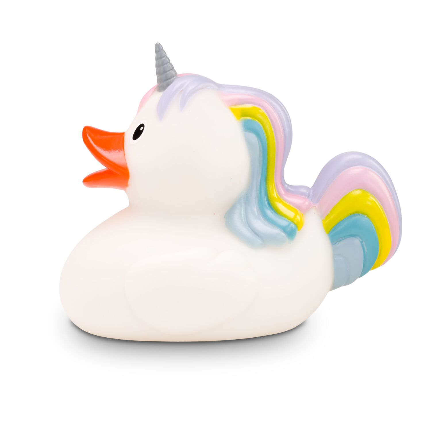 weiße Werbeente Emmi Einhorn mit regenbogenfarbenen Haaren undHorn auf der Stirn, Größe: ca. 8 cm. Inklusive Quietschventil