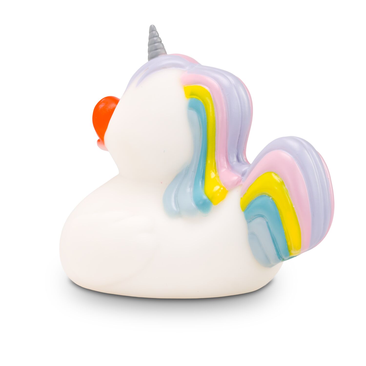 weiße Werbeente Emmi Einhorn mit regenbogenfarbenen Haaren undHorn auf der Stirn, Größe: ca. 8 cm. Inklusive Quietschventil