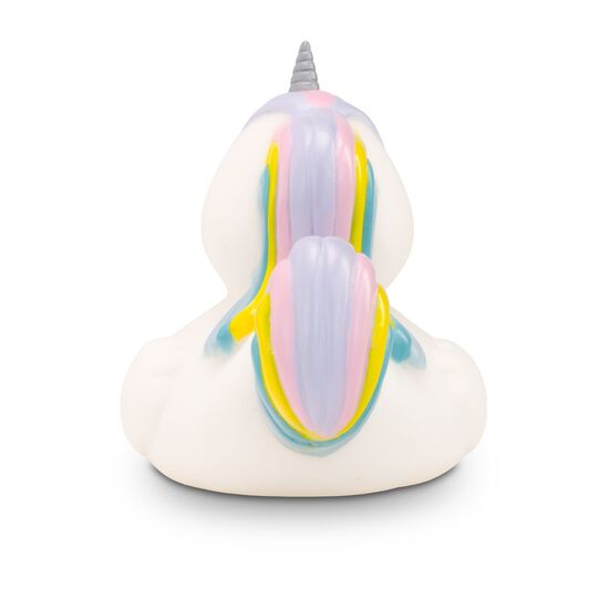 weiße Werbeente Emmi Einhorn mit regenbogenfarbenen Haaren undHorn auf der Stirn, Größe: ca. 8 cm. Inklusive Quietschventil