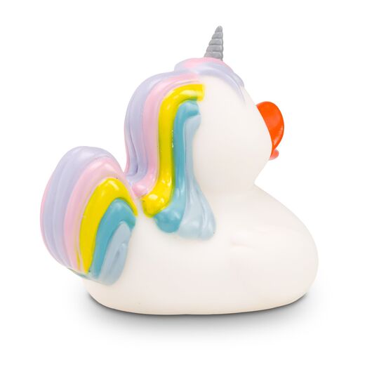 weiße Werbeente Emmi Einhorn mit regenbogenfarbenen Haaren undHorn auf der Stirn, Größe: ca. 8 cm. Inklusive Quietschventil