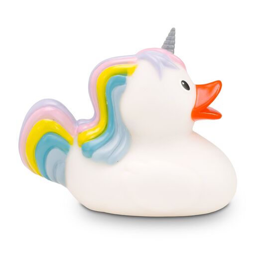weiße Werbeente Emmi Einhorn mit regenbogenfarbenen Haaren undHorn auf der Stirn, Größe: ca. 8 cm. Inklusive Quietschventil