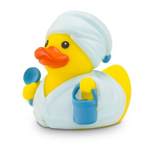 gelbe Ente mit Bademantel, Turban und Saunaeimer. Ca. 8 cm. Quietschventil.