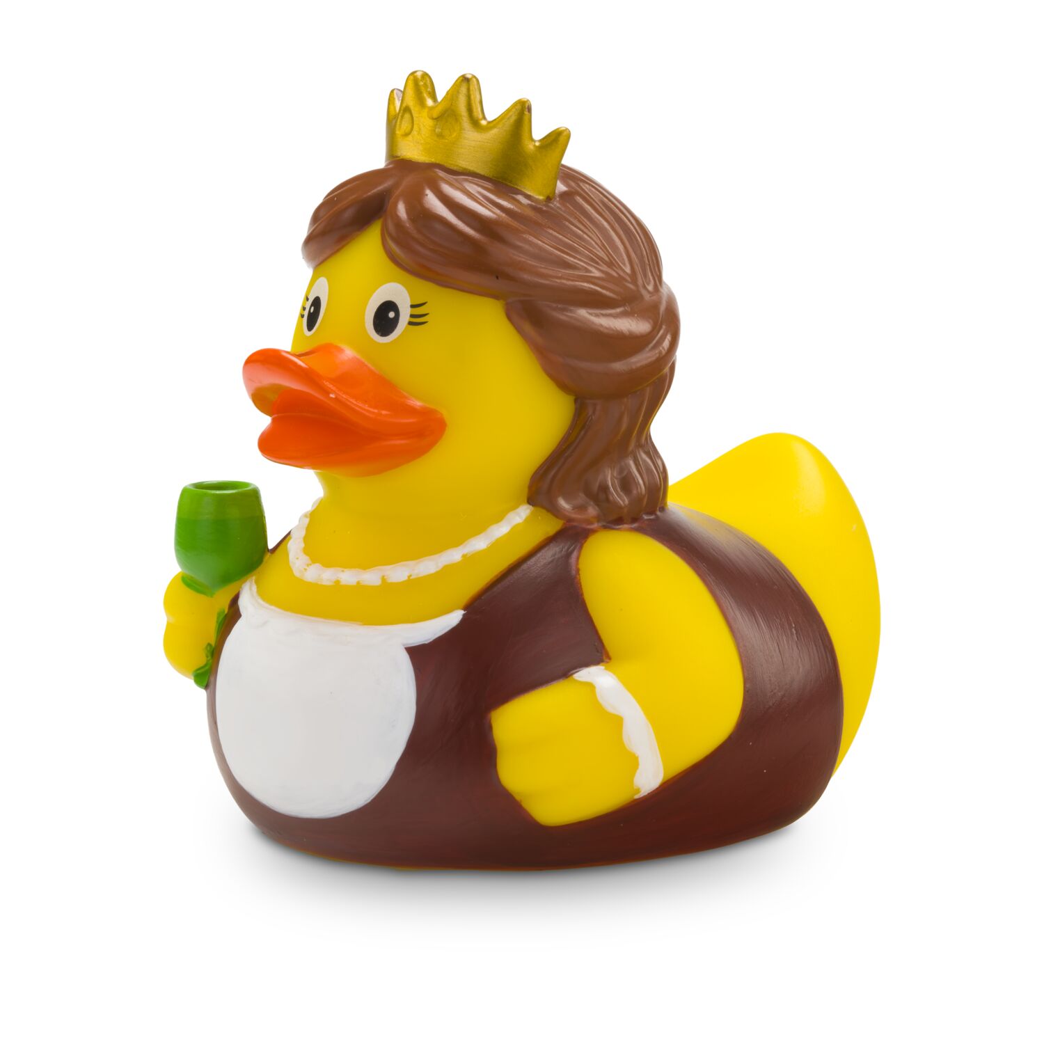 gelbe Ente mit Krone, grünem Weinkelch und Gewand. Ca. 8 cm. Quietschventil.