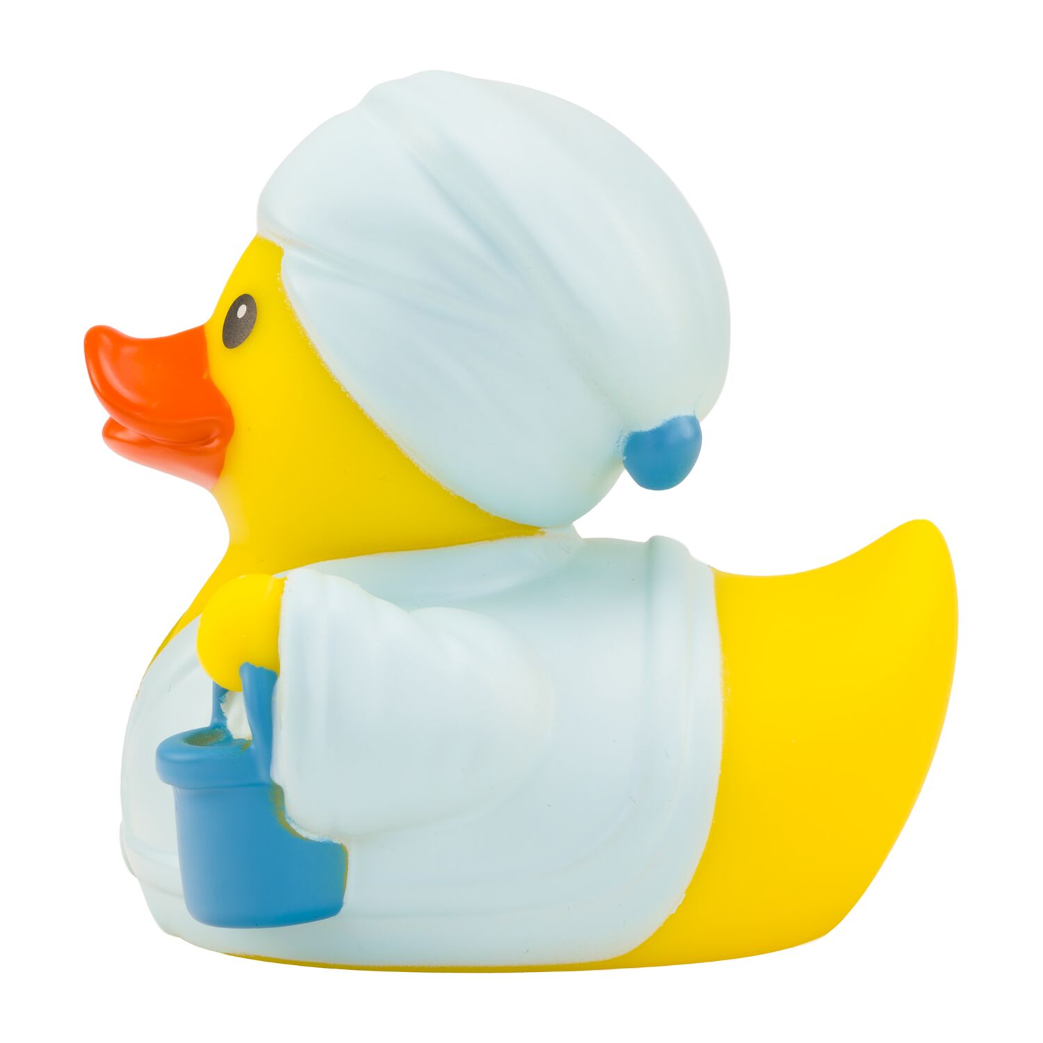 gelbe Ente mit Hut, Hemd, Winzerkittel, Trauben und Weinglas. Ca. 8 cm. Quietschventil.