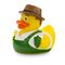 gelbe Ente mit Hut, Hemd, Winzerkittel, Trauben und Weinglas. Ca. 8 cm. Quietschventil.