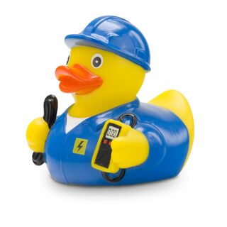 gelbe Ente mit Helm, Kabel, Spannungsmesser und blauer Arbeitskleidung. Ca. 8 cm. Quietschventil.
