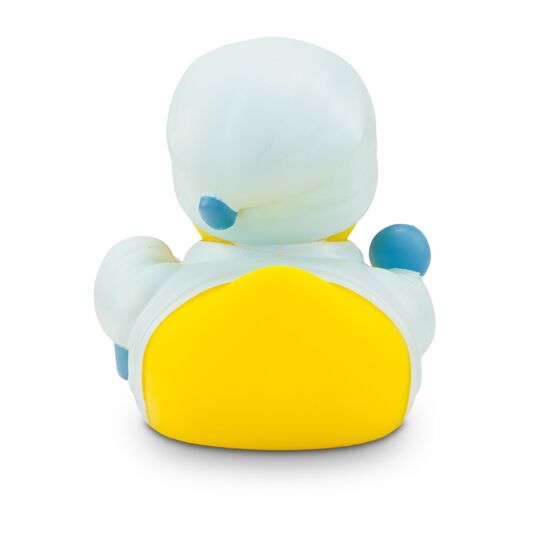 gelbe Ente mit Helm, Kabel, Spannungsmesser und blauer Arbeitskleidung. Ca. 8 cm. Quietschventil.