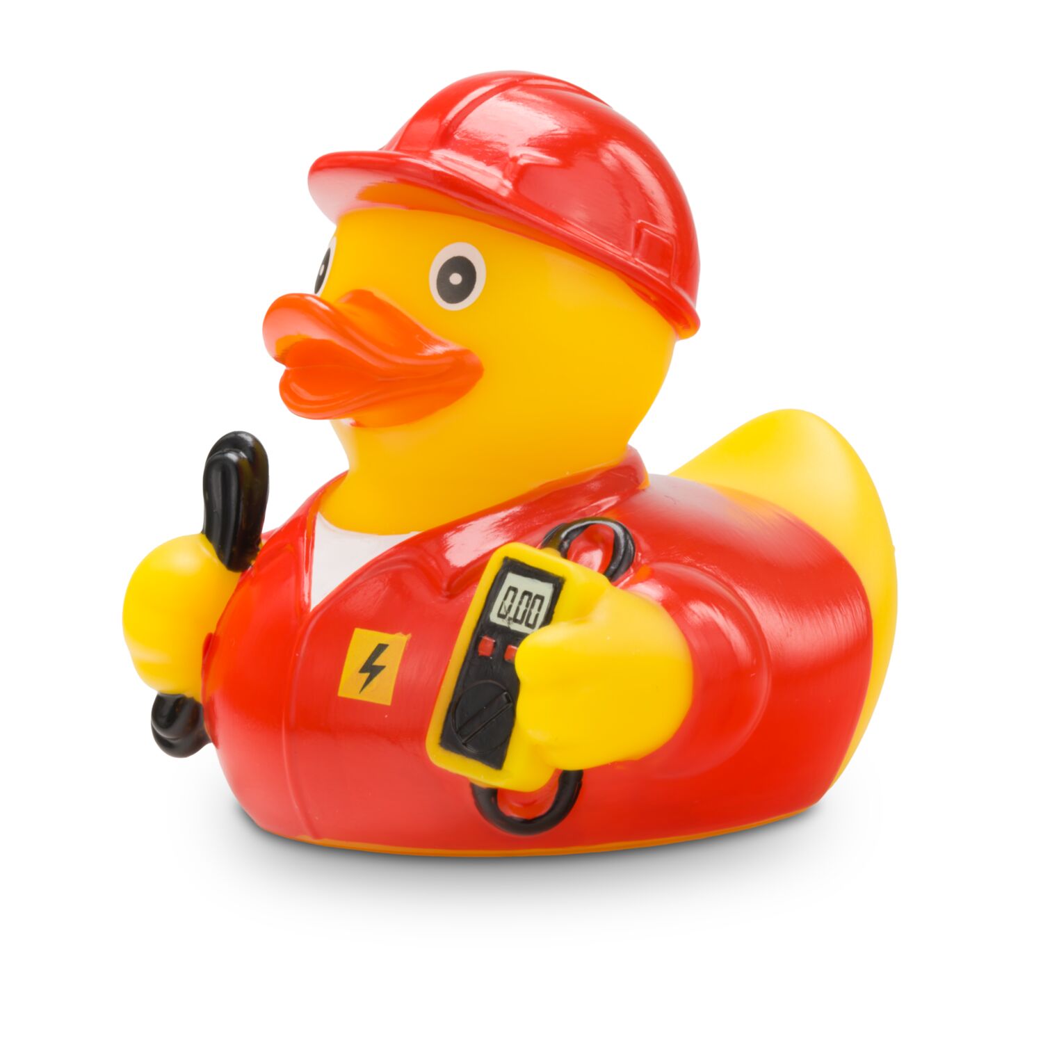 gelbe Ente mit Helm, Kabel, Spannungsmesser und roter Arbeitskleidung. Ca. 8 cm. Quietschventil.