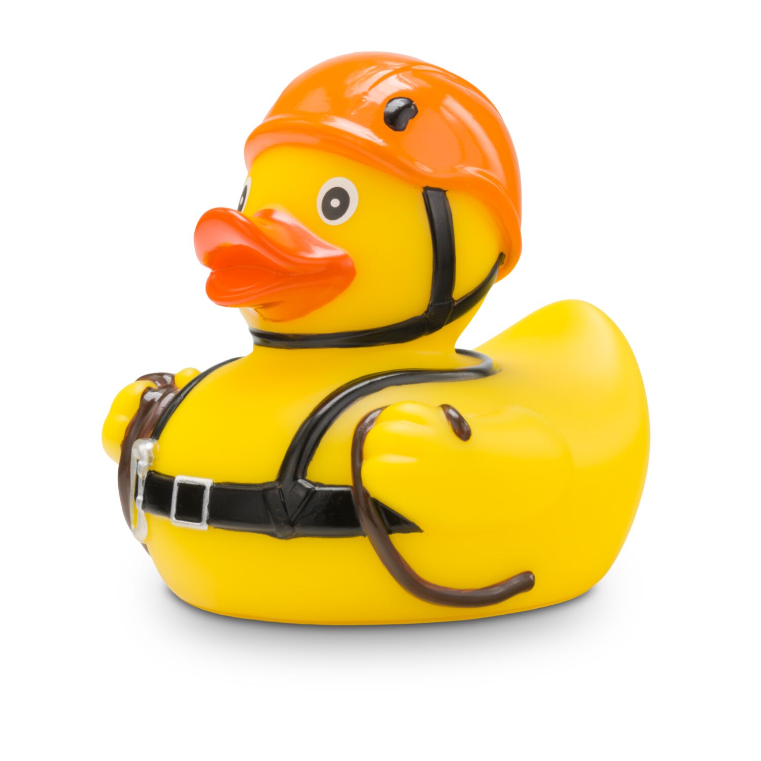 gelbe Ente mit Kletterhelm, Gurt, Karabiner und Seil. Ca. 8 cm. Quietschventil.