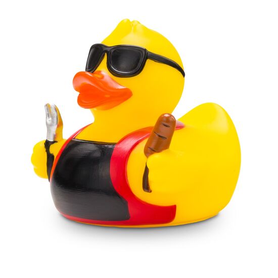 gelbe Ente mit Sonnenbrille, Schürze, Grillgabel und Bratwurst. Ca. 8 cm. Quietschventil.