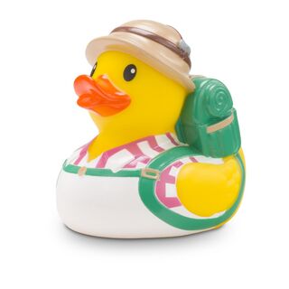 gelbe Ente mit Rucksack, Wanderhut und kariertem Hemd. Ca. 8 cm. Quietschventil.
