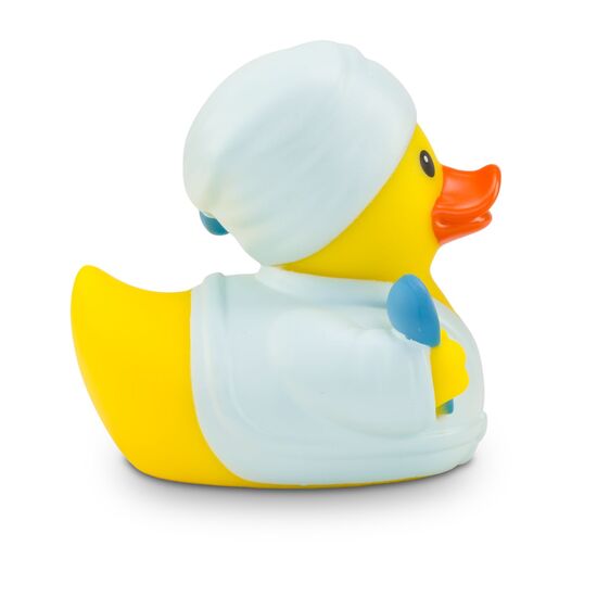 gelbe Ente mit Rucksack, Wanderhut und kariertem Hemd. Ca. 8 cm. Quietschventil.