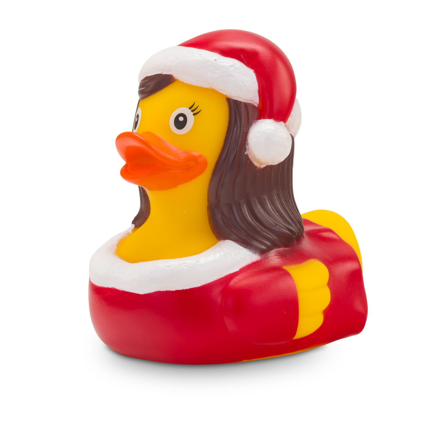 Weihnachtsente in Rot-Weiß mit Zipfelmütze. Ca. 8 cm. Quietschventil.