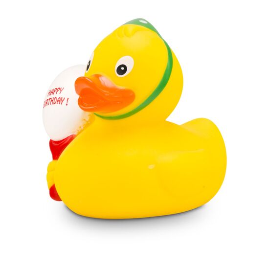 gelbe Ente mit Partyhut und „Happy Birthday“-Ballon. Ca. 8 cm. Quietschventil.