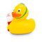 gelbe Ente mit Partyhut und „Happy Birthday“-Ballon. Ca. 8 cm. Quietschventil.
