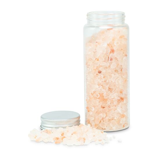 190 g Badesalz vom Fuße des Himalaya mit dem Duft von Patchouli und Sandelholz im Glas