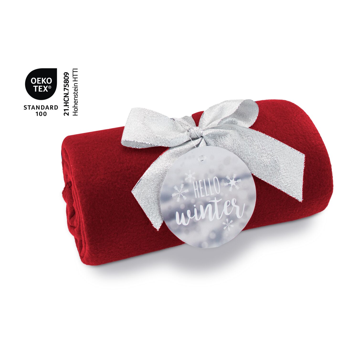 Fleecedecke WINTER SPECIAL - rot Maße: 120 x 150 cm inkl. Schleife und winterlichem Anhänger, OEKO-TEX®